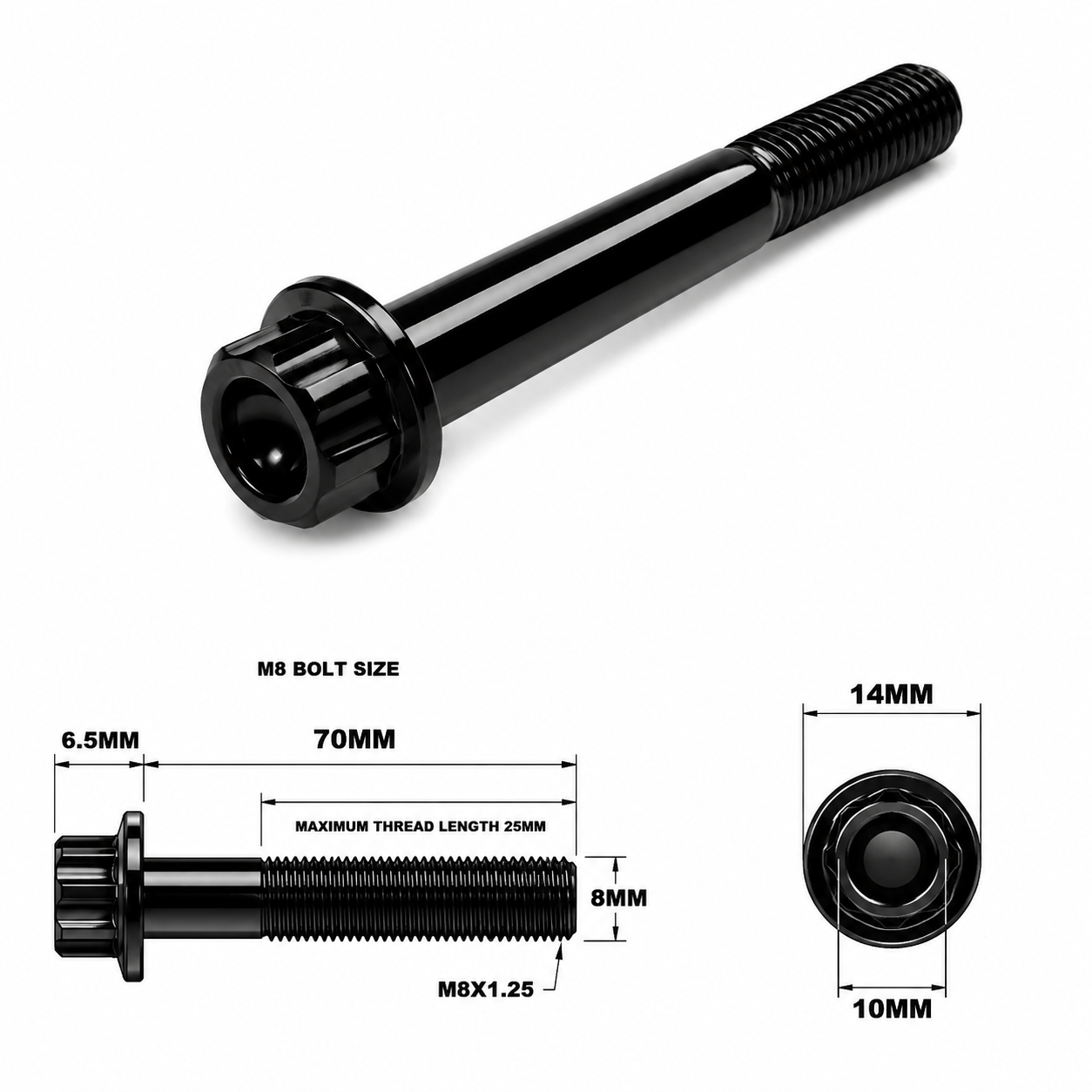 M8X70MM STEALTH 12 POINT BOLT 1.25 THREAD PITCH TITANIUM M8X70MM STEALTH 12 POINT BOLT 1.25 THREAD PITCH TITANIUM