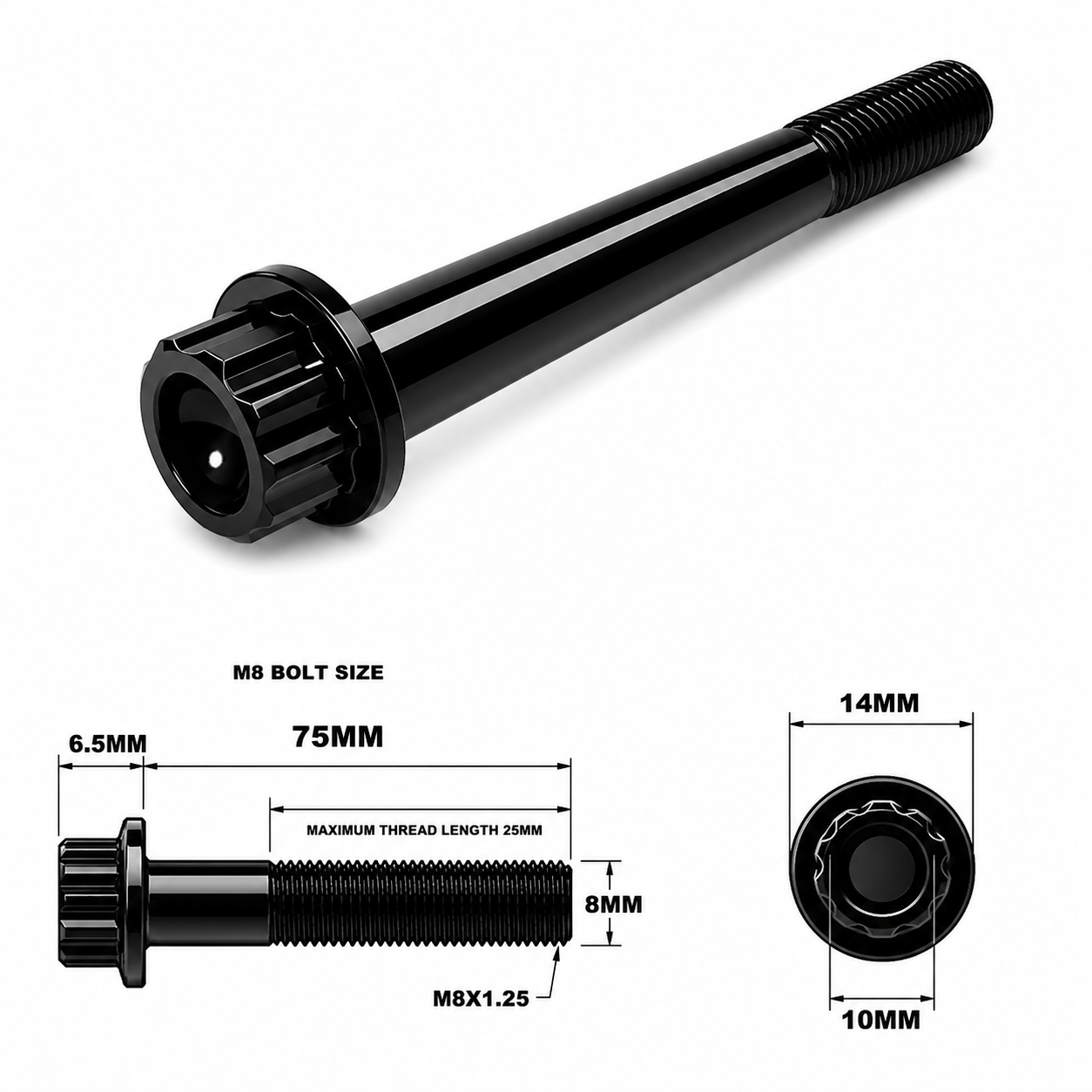 M8X75MM STEALTH 12 POINT BOLT 1.25 THREAD PITCH TITANIUM M8X75MM STEALTH 12 POINT BOLT 1.25 THREAD PITCH TITANIUM
