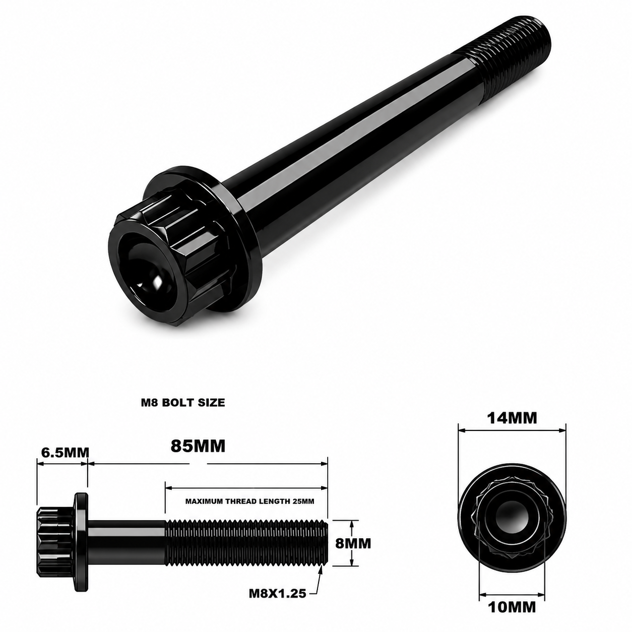 M8X85MM STEALTH 12 POINT BOLT 1.25 THREAD PITCH TITANIUM M8X85MM STEALTH 12 POINT BOLT 1.25 THREAD PITCH TITANIUM