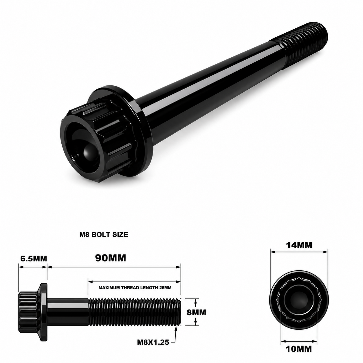 M8X90MM STEALTH 12 POINT BOLT 1.25 THREAD PITCH TITANIUM M8X90MM STEALTH 12 POINT BOLT 1.25 THREAD PITCH TITANIUM