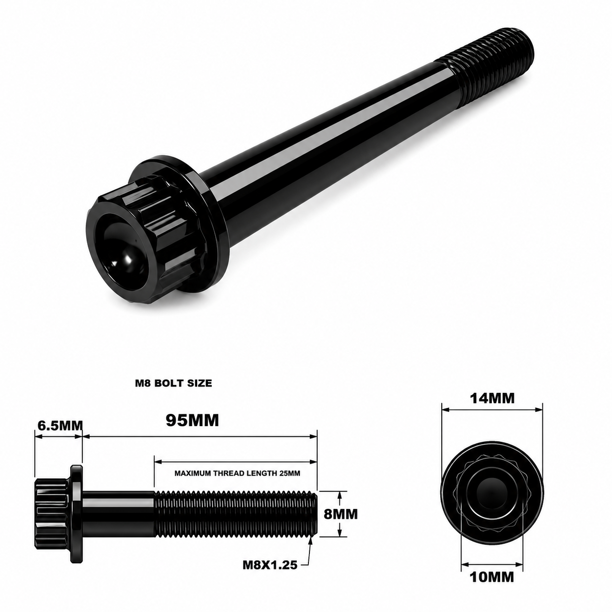 M8X95MM STEALTH 12 POINT BOLT 1.25 THREAD PITCH TITANIUM M8X95MM STEALTH 12 POINT BOLT 1.25 THREAD PITCH TITANIUM