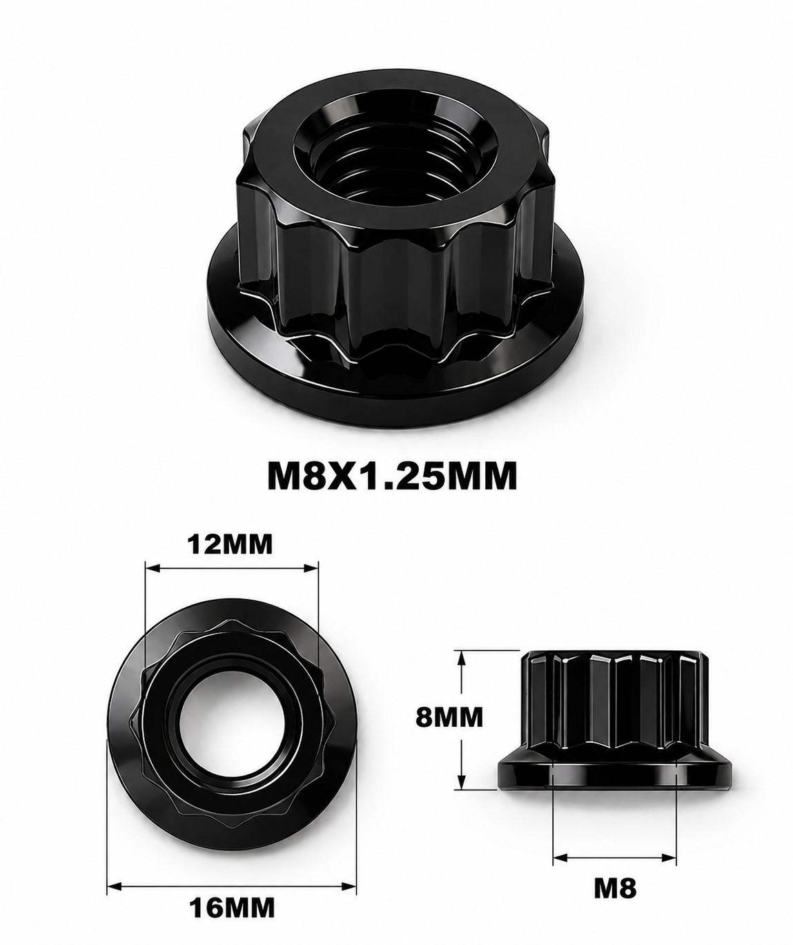 STEALTH M8X1.25 THREAD PITCH TITANIUM 12 POINT NUT GRADE 5 BLACK