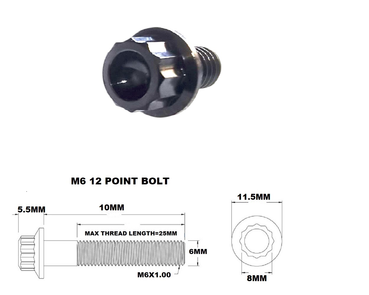 M6X10MM STEALTH 12 POINT BOLT 1.00 THREAD PITCH TITANIUM