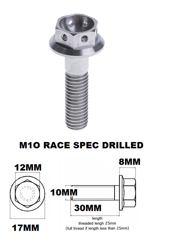 M10X30MM 1.5 THREAD RACE TITANIUM FLANGE 12MM HEX BOLT GR 5