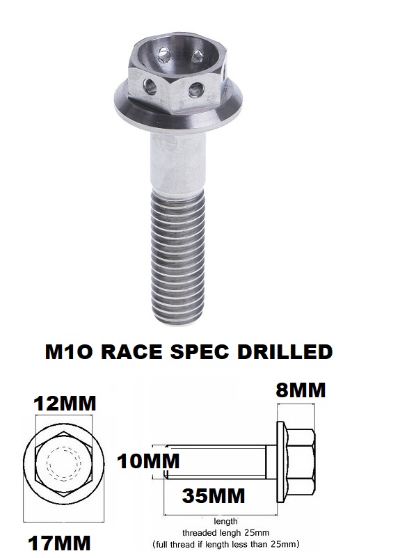 M10X35MM 1.5 THREAD RACE TITANIUM FLANGE 12MM HEX BOLT GR 5