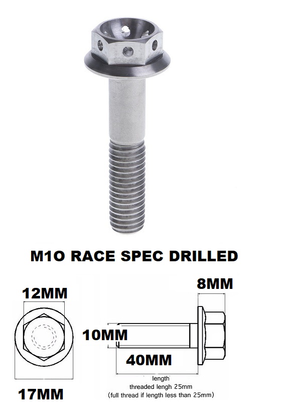 M10X40MM 1.5 THREAD RACE TITANIUM FLANGE 12MM HEX BOLT GR 5