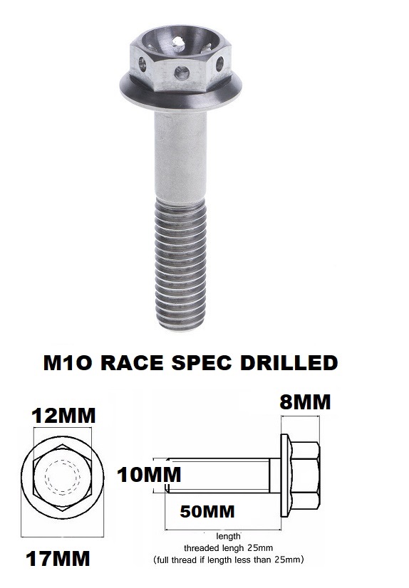 M10X50MM 1.25 THREAD PITCH TITANIUM FLANGE 12MM HEX BOLT GR 5