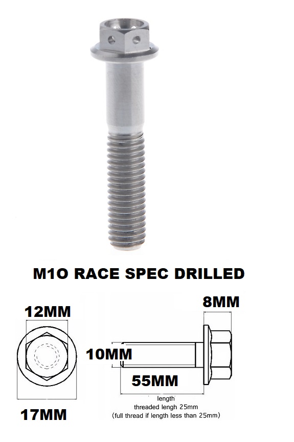 M10X55MM 1.5 THREAD RACE TITANIUM FLANGE 12MM HEX BOLT GR 5