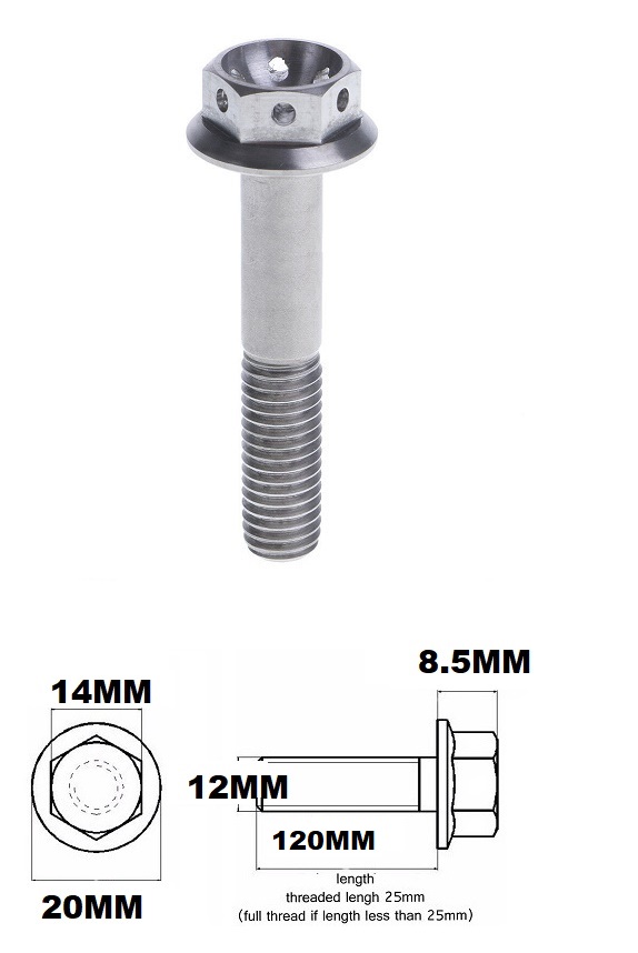 TITANIUM M12X1.25X120MM FLANGE HEX RACE SPEC DRILLED