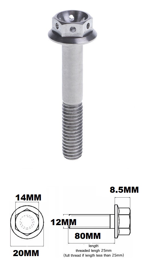 TITANIUM M12X1.25X80MM FLANGE HEX RACE SPEC DRILLED