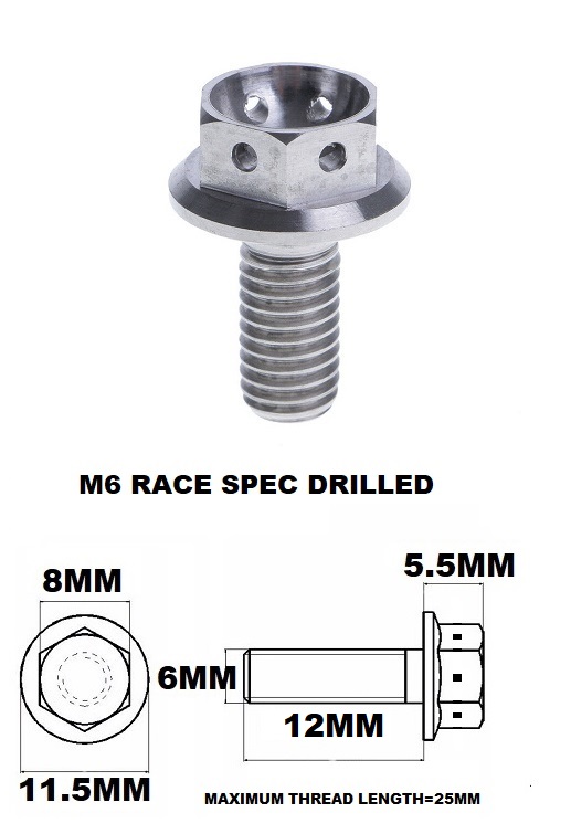 M6X12MM 1.0 THREAD PITCH TITANIUM RACE FLANGE 8MM HEX BOLT GR 5