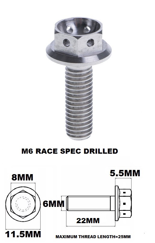 M6X22MM 1.0 THREAD PITCH TITANIUM RACE FLANGE 8MM HEX BOLT GR 5