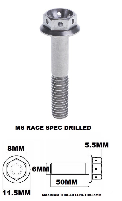 M6X50MM 1.0 THREAD PITCH TITANIUM RACE FLANGE 8MM HEX BOLT GR 5