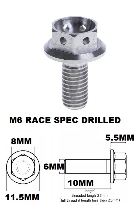 M6X10MM 1.0 THREAD PITCH TITANIUM RACE FLANGE 8MM HEX BOLT GR 5