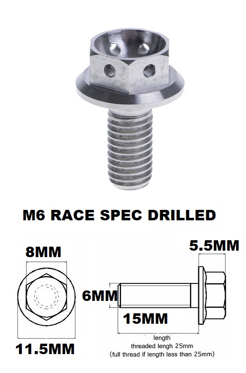 M6X15MM 1.0 THREAD PITCH TITANIUM RACE FLANGE 8MM HEX BOLT GR 5