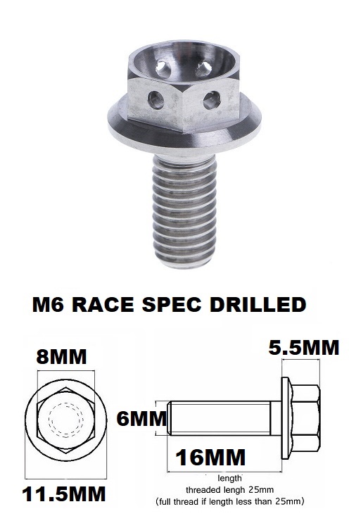 M6X16MM 1.0 THREAD PITCH TITANIUM RACE FLANGE 8MM HEX BOLT GR 5