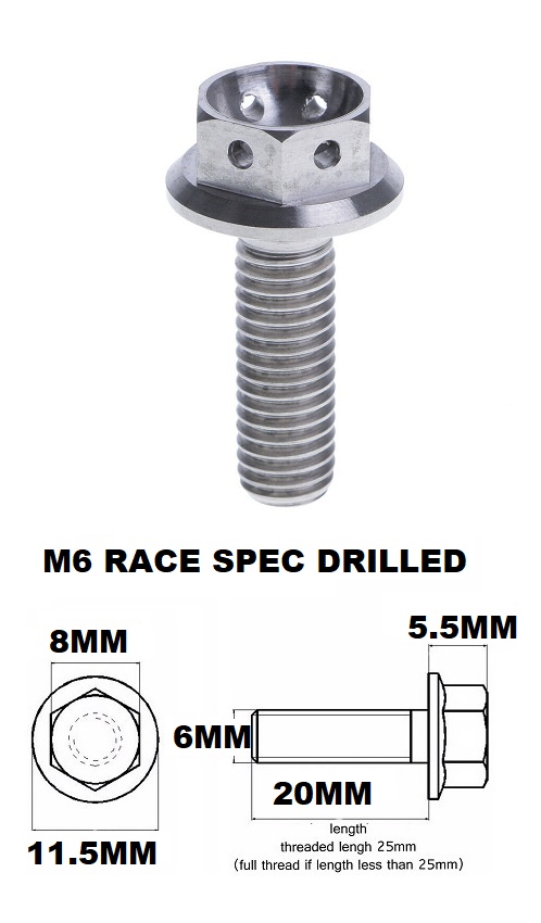 M6X20MM 1.0 THREAD PITCH TITANIUM RACE FLANGE 8MM HEX BOLT GR 5