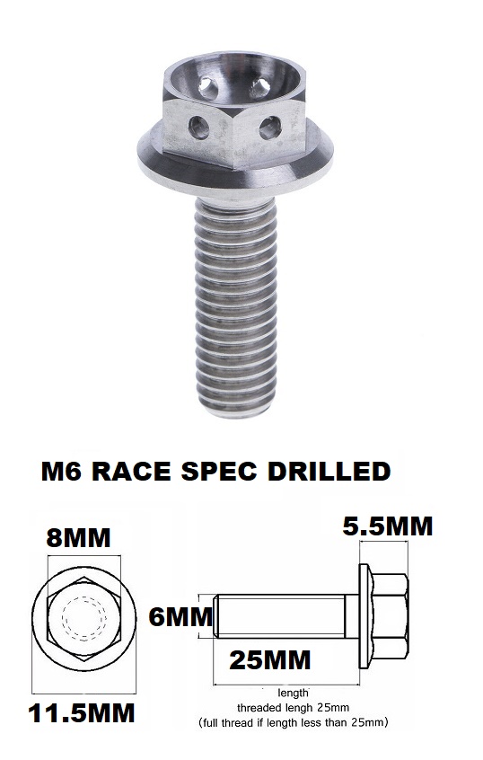 M6X25MM 1.0 THREAD PITCH TITANIUM RACE FLANGE 8MM HEX BOLT GR 5