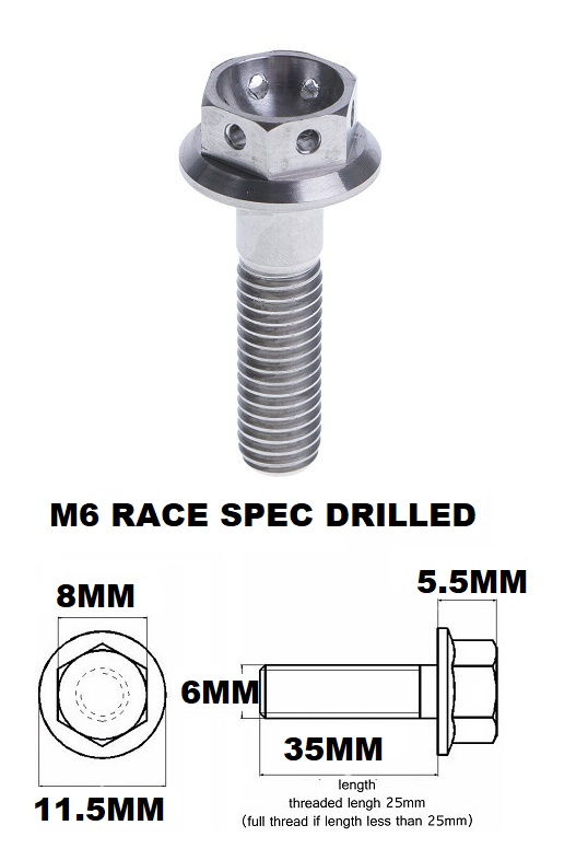 M6X35MM 1.0 THREAD PITCH TITANIUM RACE FLANGE 8MM HEX BOLT GR 5