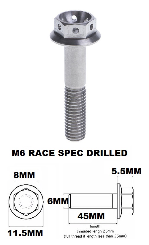 M6X45MM 1.0 THREAD PITCH TITANIUM RACE FLANGE 8MM HEX BOLT GR 5