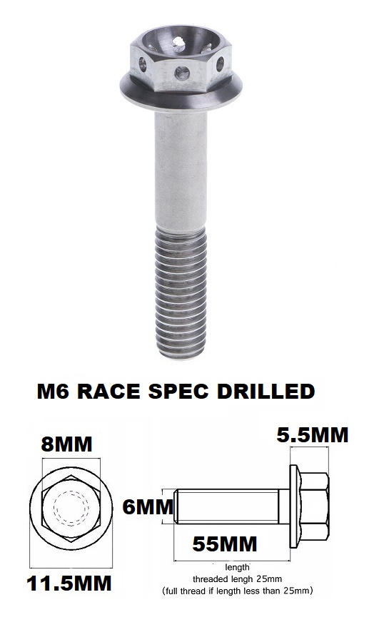 M6X55MM 1.0 THREAD PITCH TITANIUM RACE FLANGE 8MM HEX BOLT GR 5