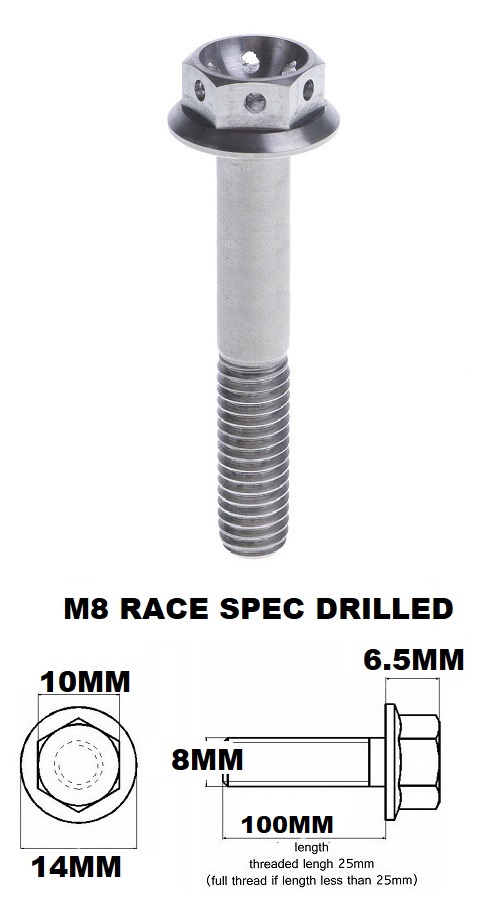 M8X100MM 1.25 THREAD TITANIUM RACE FLANGE 10MM HEX BOLT GR5