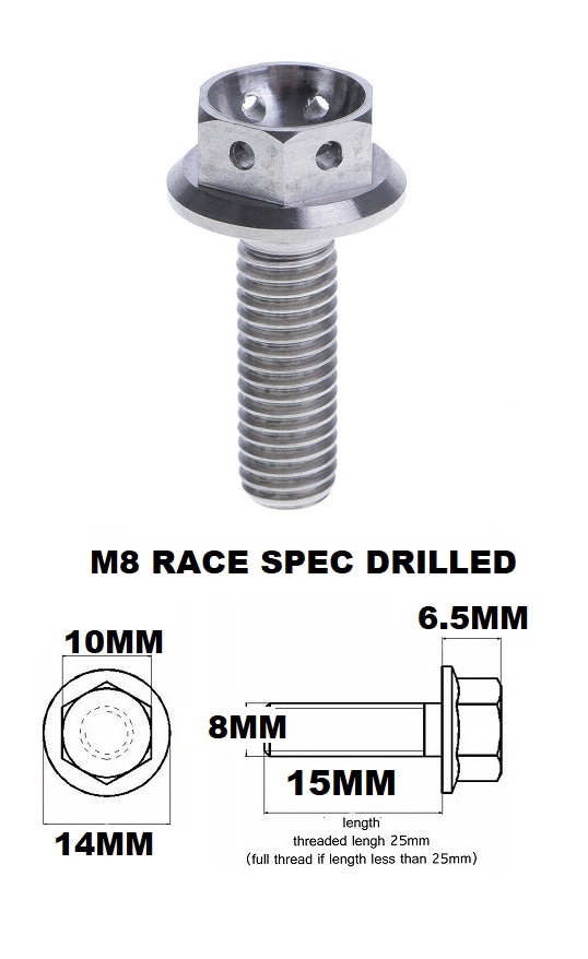 M8X15MM 1.25 THREAD PITCH TITANIUM RACE FLANGE 10MM HEX BOLT GR5