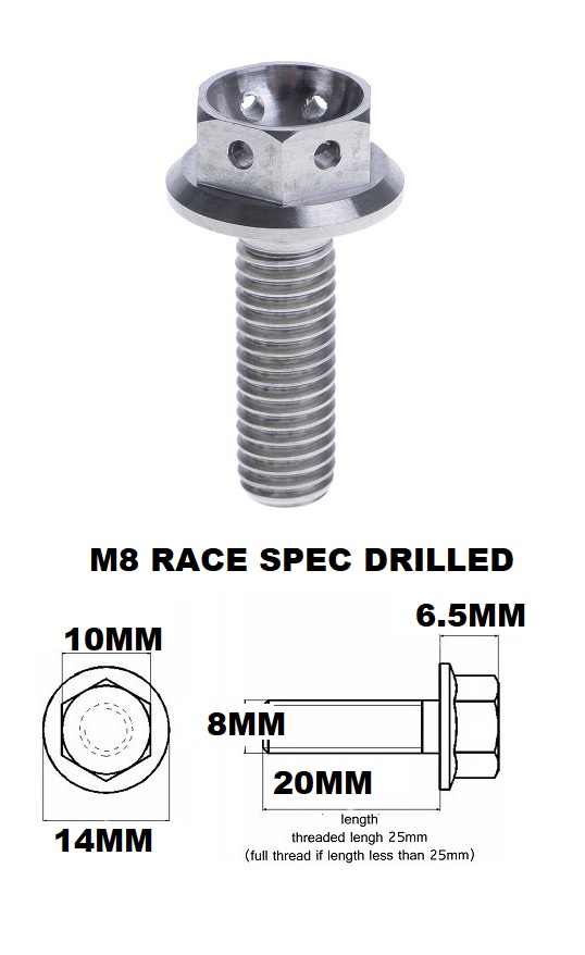 M8X20MM 1.25 THREAD PITCH TITANIUM RACE FLANGE 10MM HEX BOLT GR5