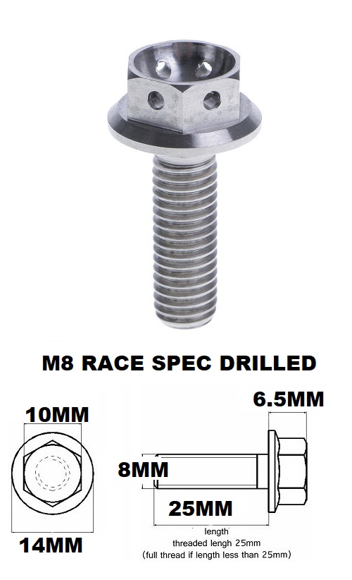 M8X25MM 1.25 THREAD PITCH TITANIUM RACE FLANGE 10MM HEX BOLT GR5