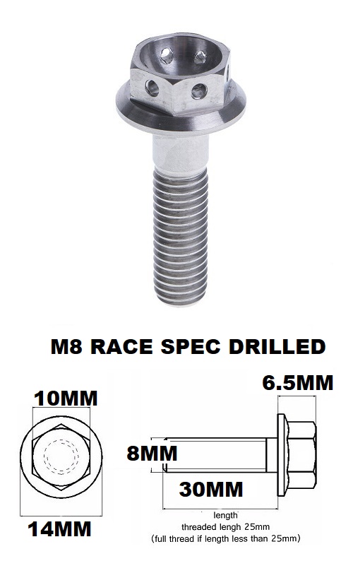 M8X30MM 1.25 THREAD PITCH TITANIUM RACE FLANGE 10MM HEX BOLT GR5