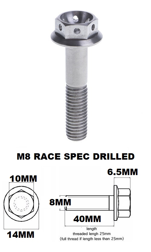 M8X40MM 1.25 THREAD PITCH TITANIUM RACE FLANGE 10MM HEX BOLT GR5