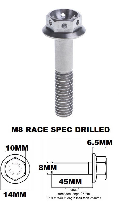 M8X45MM 1.25 THREAD PITCH TITANIUM RACE FLANGE 10MM HEX BOLT GR5