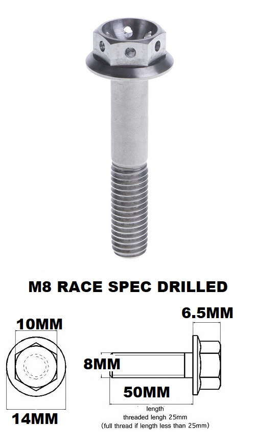 M8X50MM 1.25 THREAD PITCH TITANIUM RACE FLANGE 10MM HEX BOLT GR5