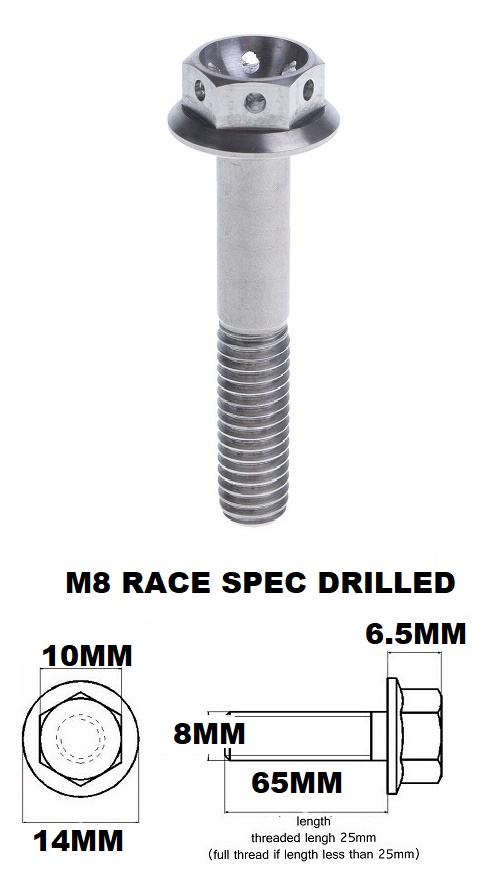 M8X65MM 1.25 THREAD PITCH TITANIUM RACE FLANGE 10MM HEX BOLT GR5