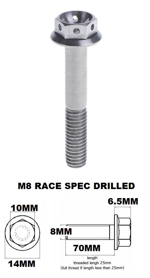 M8X70MM 1.25 THREAD PITCH TITANIUM RACE FLANGE 10MM HEX BOLT GR5