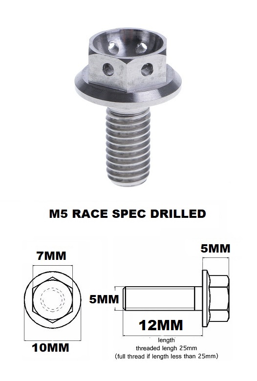 M5X12MM 0.8 THREAD PITCH TITANIUM RACE FLANGE 7MM HEX BOLT GR 5