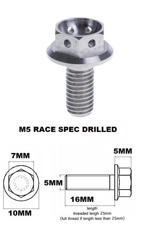 M5X16MM 0.8 THREAD PITCH TITANIUM RACE FLANGE 7MM HEX BOLT GR 5