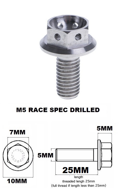 M5X25MM 0.8 THREAD PITCH TITANIUM RACE FLANGE 7MM HEX BOLT GR 5