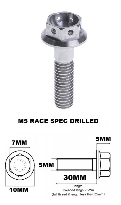 M5X30MM 0.8 THREAD PITCH TITANIUM RACE FLANGE 7MM HEX BOLT GR 5