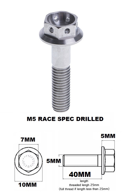 M5X40MM 0.8 THREAD PITCH TITANIUM RACE FLANGE 7MM HEX BOLT GR 5