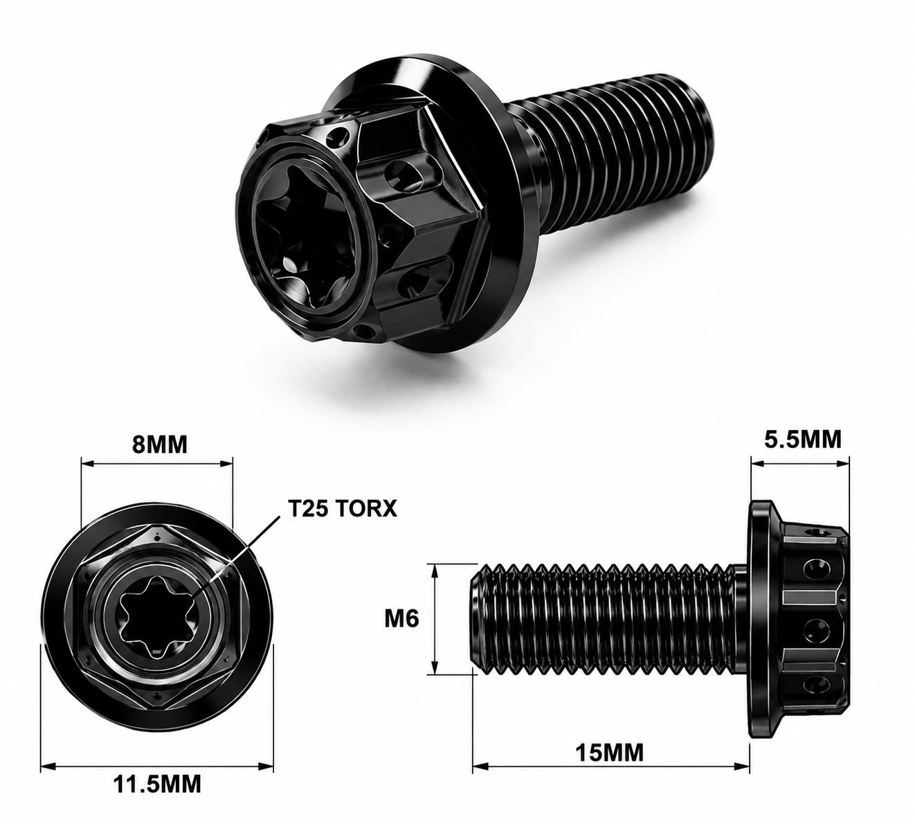 M6X15MM 1.0 THREAD BLACK FANCY DUAL DRIVE TITANIUM 8MM HEX BOLT M6X15MM 1.0 THREAD BLACK FANCY DUAL DRIVE TITANIUM 8MM HEX BOLT