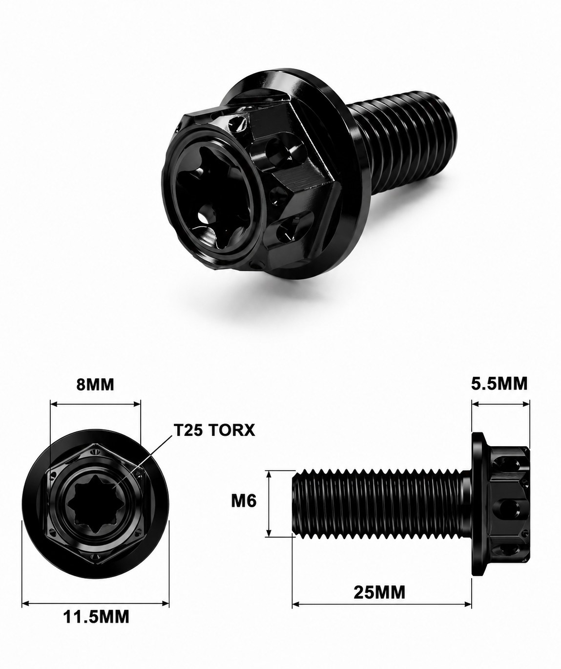 M6X25MM 1.0 THREAD BLACK FANCY DUAL DRIVE TITANIUM 8MM HEX BOLT