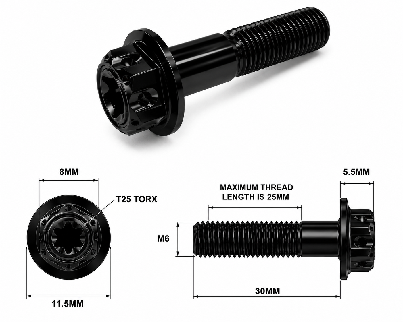 M6X30MM 1.0 THREAD BLACK FANCY DUAL DRIVE TITANIUM 8MM HEX BOLT M6X30MM 1.0 THREAD BLACK FANCY DUAL DRIVE TITANIUM 8MM HEX BOLT