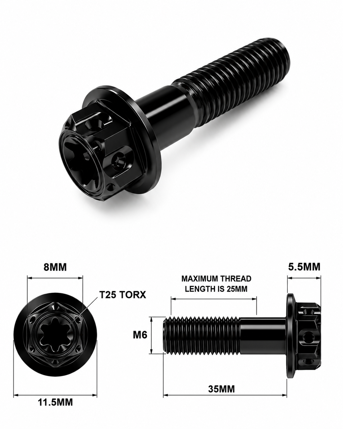 M6X35MM 1.0 THREAD BLACK FANCY DUAL DRIVE TITANIUM 8MM HEX BOLT M6X35MM 1.0 THREAD BLACK FANCY DUAL DRIVE TITANIUM 8MM HEX BOLT