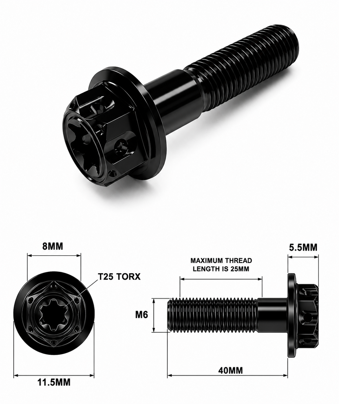 M6X40MM 1.0 THREAD BLACK FANCY DUAL DRIVE TITANIUM 8MM HEX BOLT M6X40MM 1.0 THREAD BLACK FANCY DUAL DRIVE TITANIUM 8MM HEX BOLT