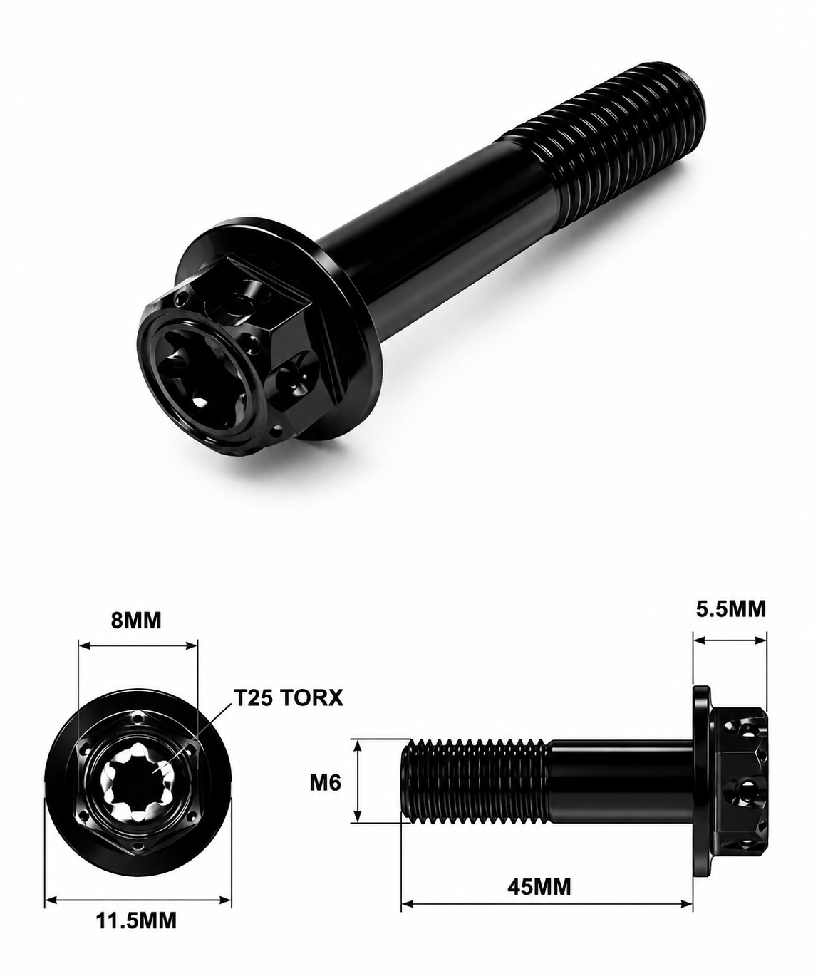 M6X45MM 1.0 THREAD BLACK FANCY DUAL DRIVE TITANIUM 8MM HEX BOLT M6X45MM 1.0 THREAD BLACK FANCY DUAL DRIVE TITANIUM 8MM HEX BOLT