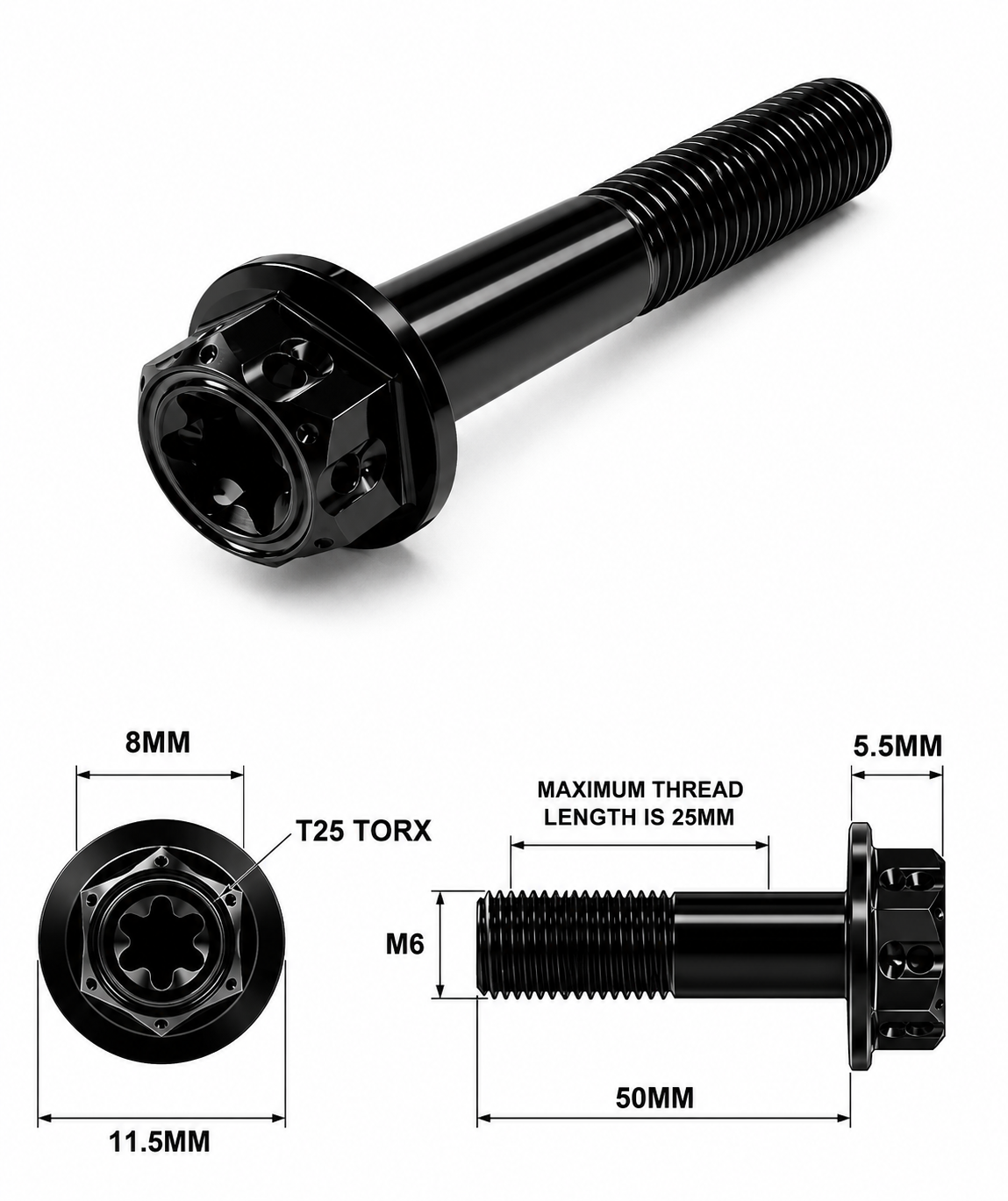 M6X50MM 1.0 THREAD BLACK FANCY DUAL DRIVE TITANIUM 8MM HEX BOLT M6X50MM 1.0 THREAD BLACK FANCY DUAL DRIVE TITANIUM 8MM HEX BOLT