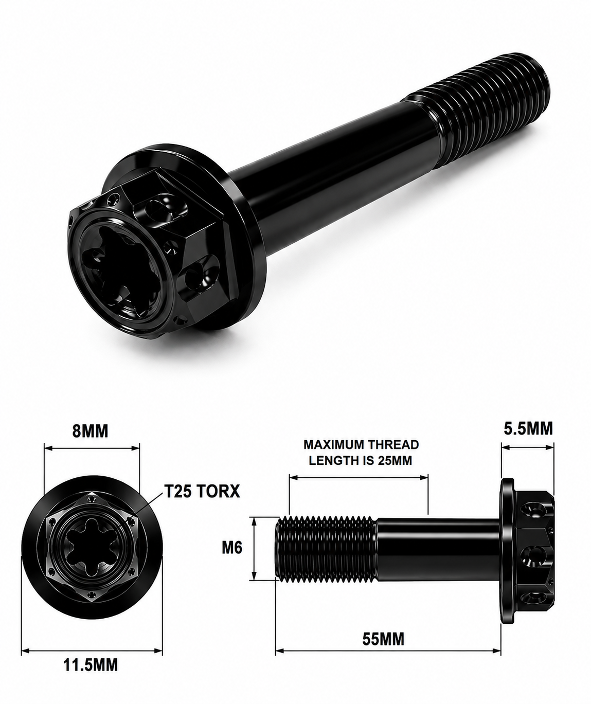 M6X55MM 1.0 THREAD BLACK FANCY DUAL DRIVE TITANIUM 8MM HEX BOLT M6X55MM 1.0 THREAD BLACK FANCY DUAL DRIVE TITANIUM 8MM HEX BOLT