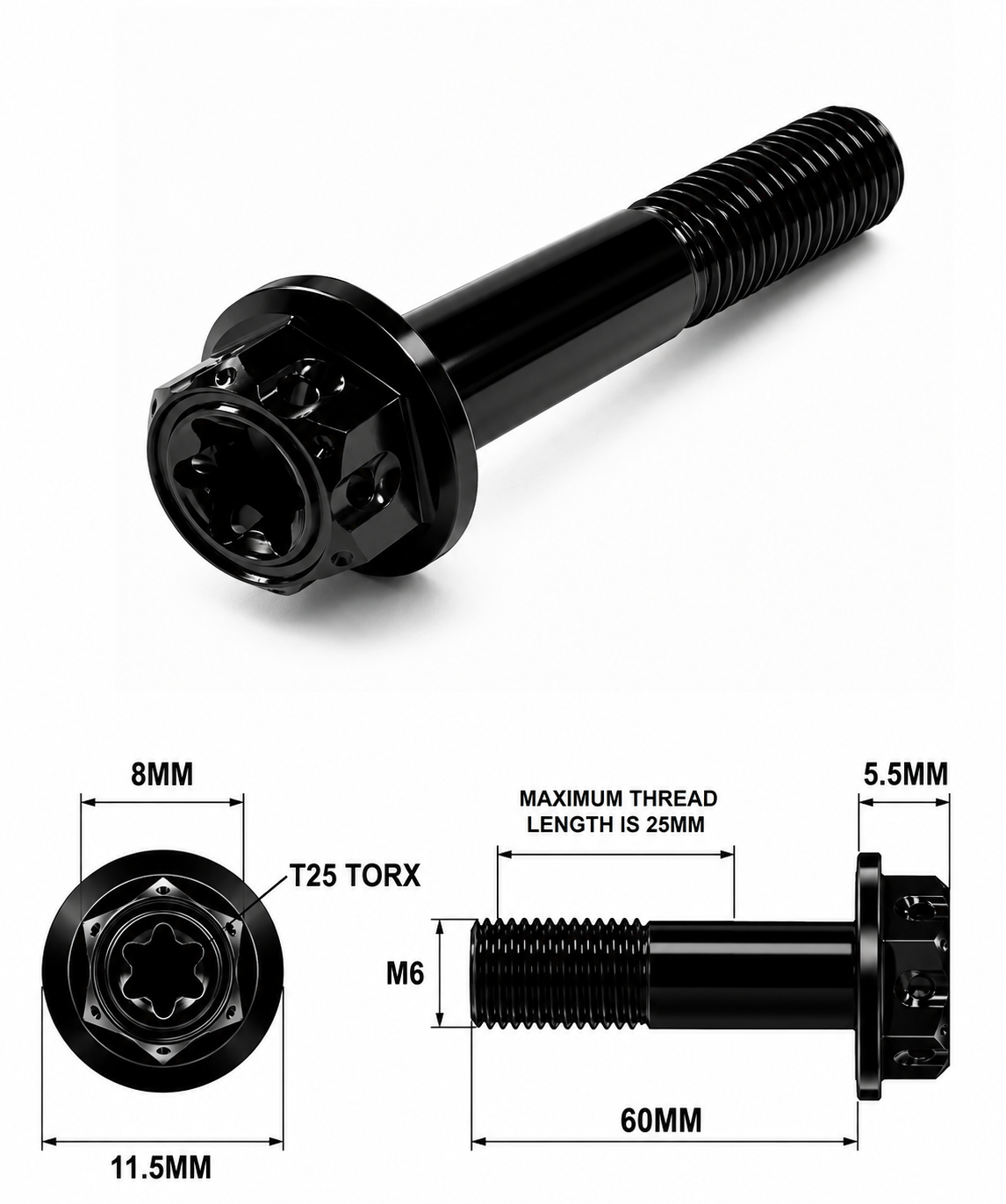 M6X60MM 1.0 THREAD BLACK FANCY DUAL DRIVE TITANIUM 8MM HEX BOLT M6X60MM 1.0 THREAD BLACK FANCY DUAL DRIVE TITANIUM 8MM HEX BOLT