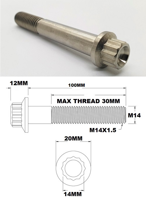 M14X100MM 1.5 THREAD PITCH TITANIUM 12 POINT FLANGE BOLT GRADE 5